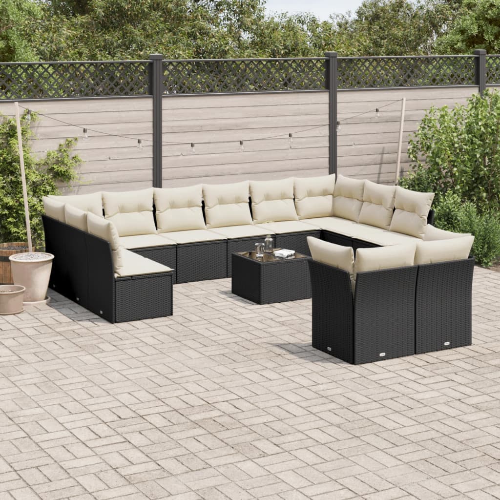 13 Pcs conjunto de sofás de jardim com almofadões vime PE preto