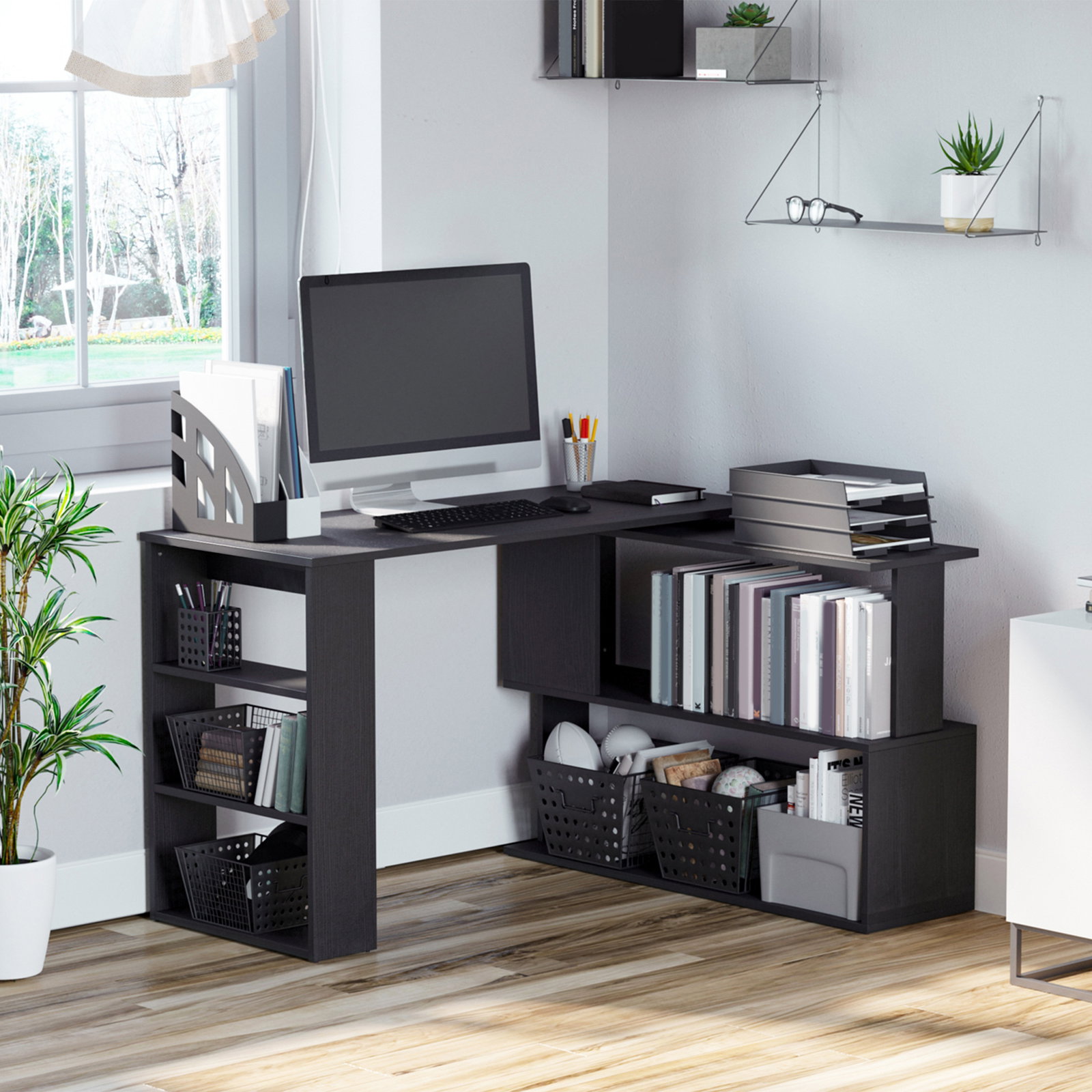 Mesa de computador secretária mesa de canto giratória 360° com 5 prateleiras 120x110x74,5 cm preto