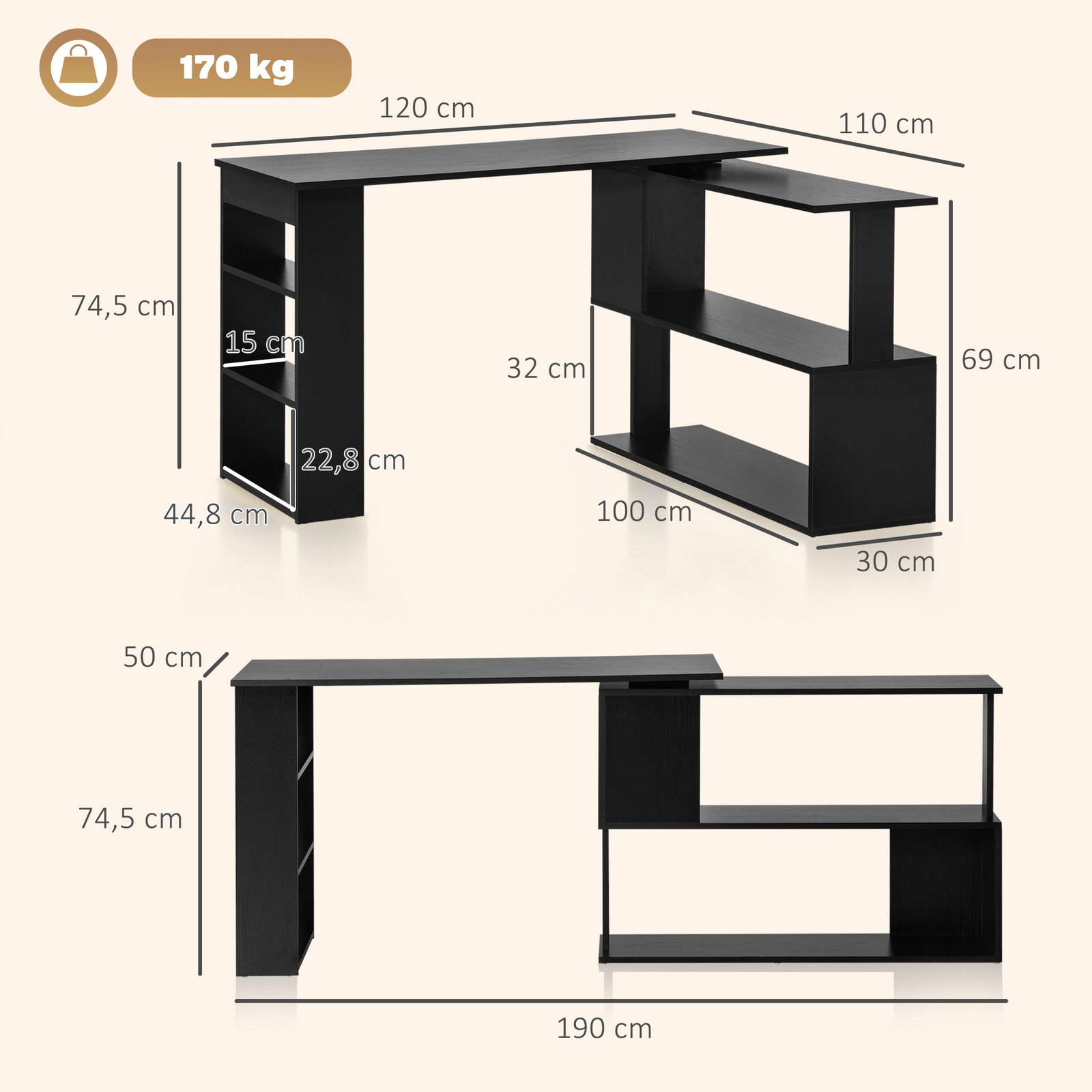 Mesa de computador secretária mesa de canto giratória 360° com 5 prateleiras 120x110x74,5 cm preto
