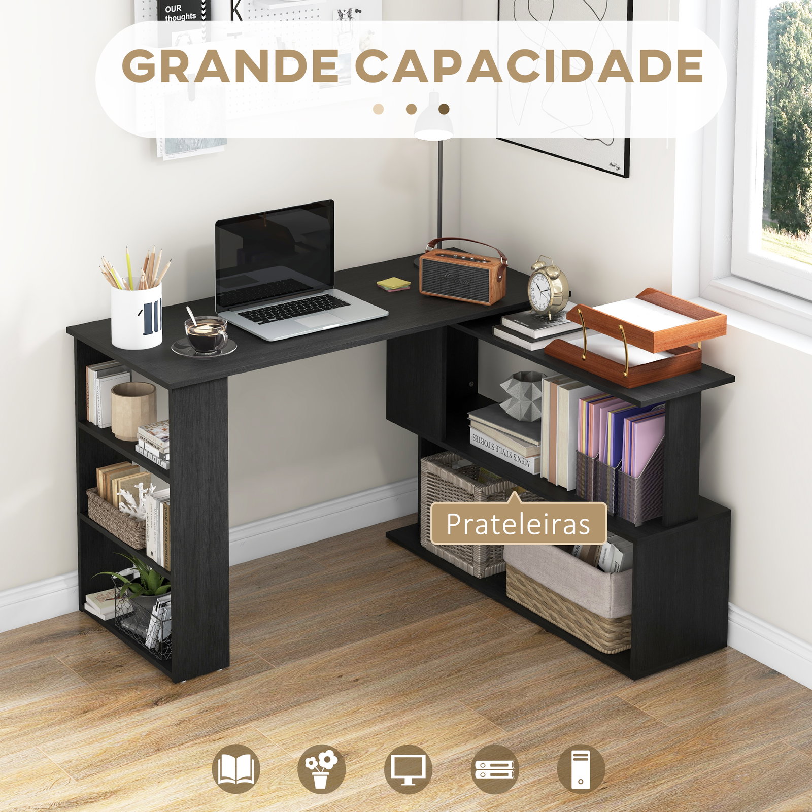 Mesa de computador secretária mesa de canto giratória 360° com 5 prateleiras 120x110x74,5 cm preto