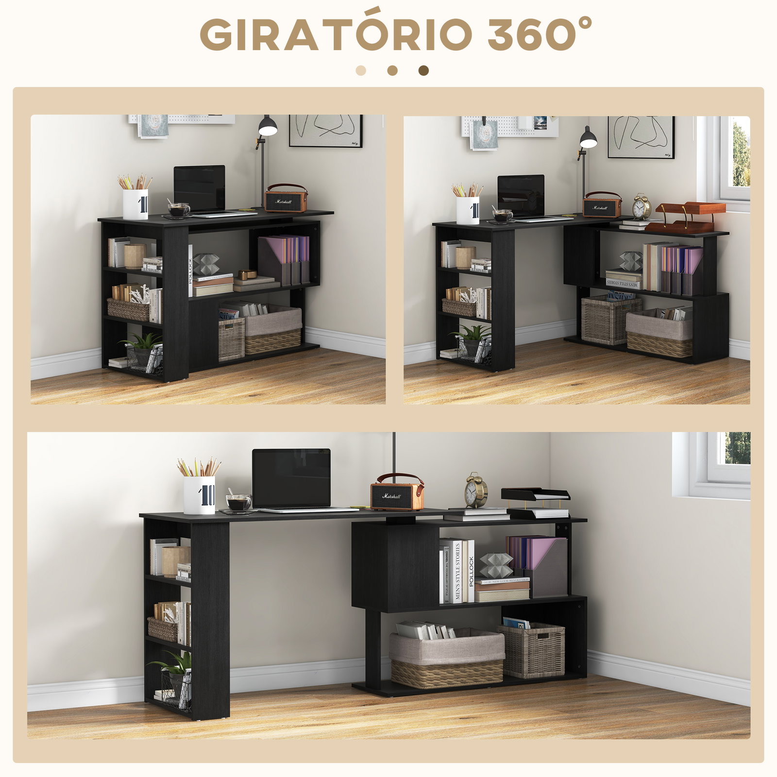 Mesa de computador secretária mesa de canto giratória 360° com 5 prateleiras 120x110x74,5 cm preto