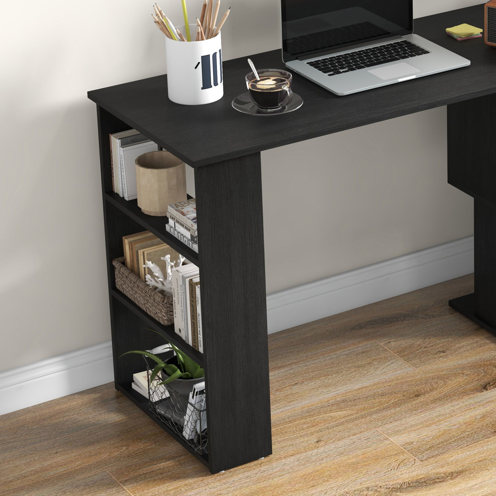 Mesa de computador secretária mesa de canto giratória 360° com 5 prateleiras 120x110x74,5 cm preto