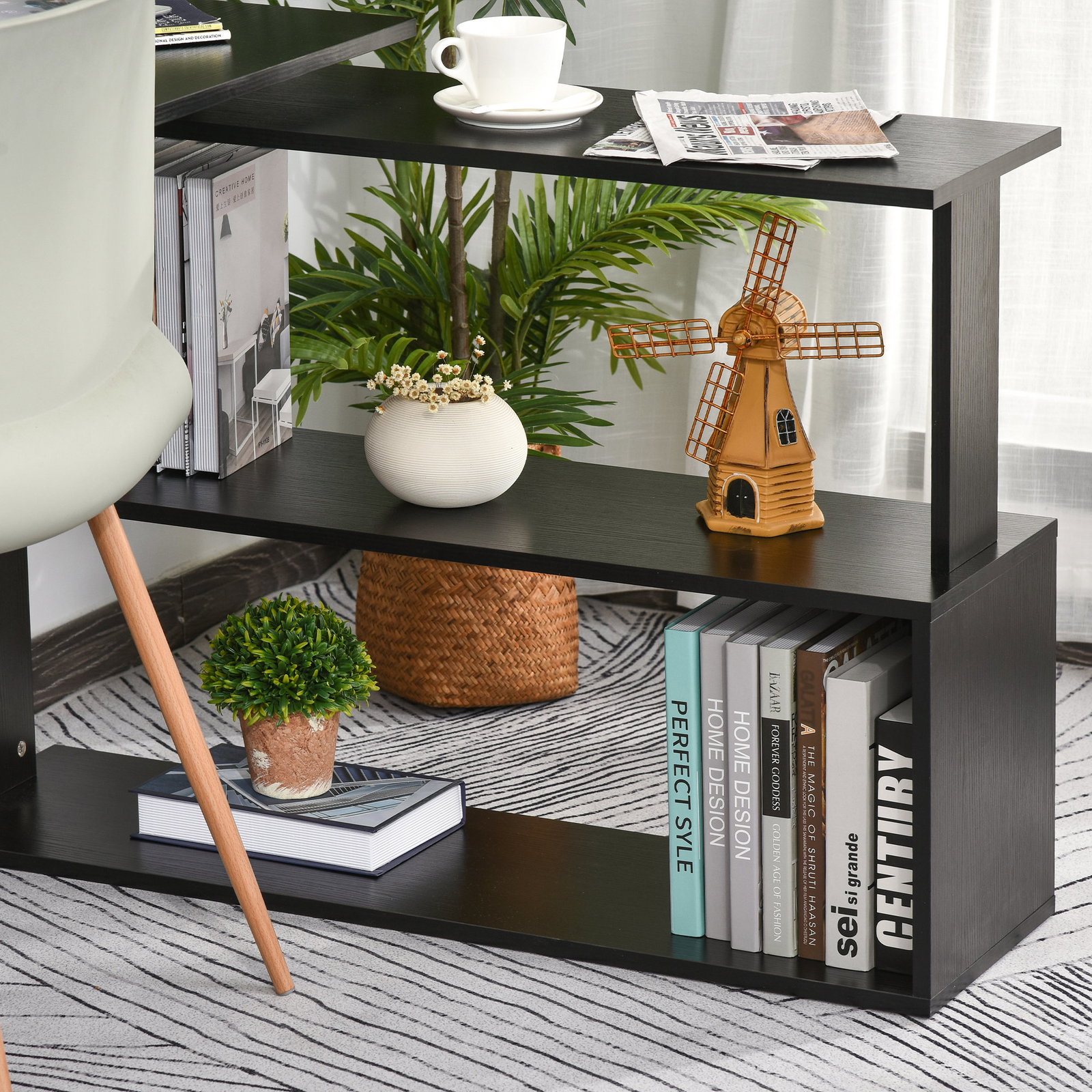 Mesa de computador secretária mesa de canto giratória 360° com 5 prateleiras 120x110x74,5 cm preto