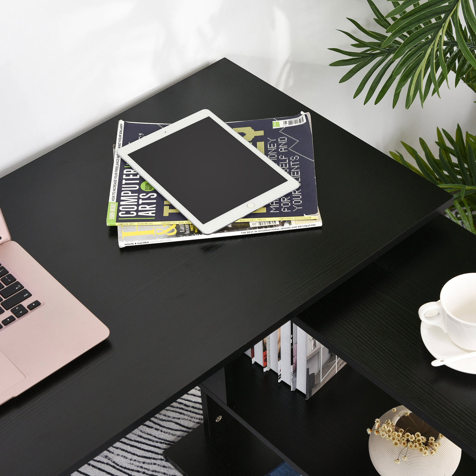 Mesa de computador secretária mesa de canto giratória 360° com 5 prateleiras 120x110x74,5 cm preto