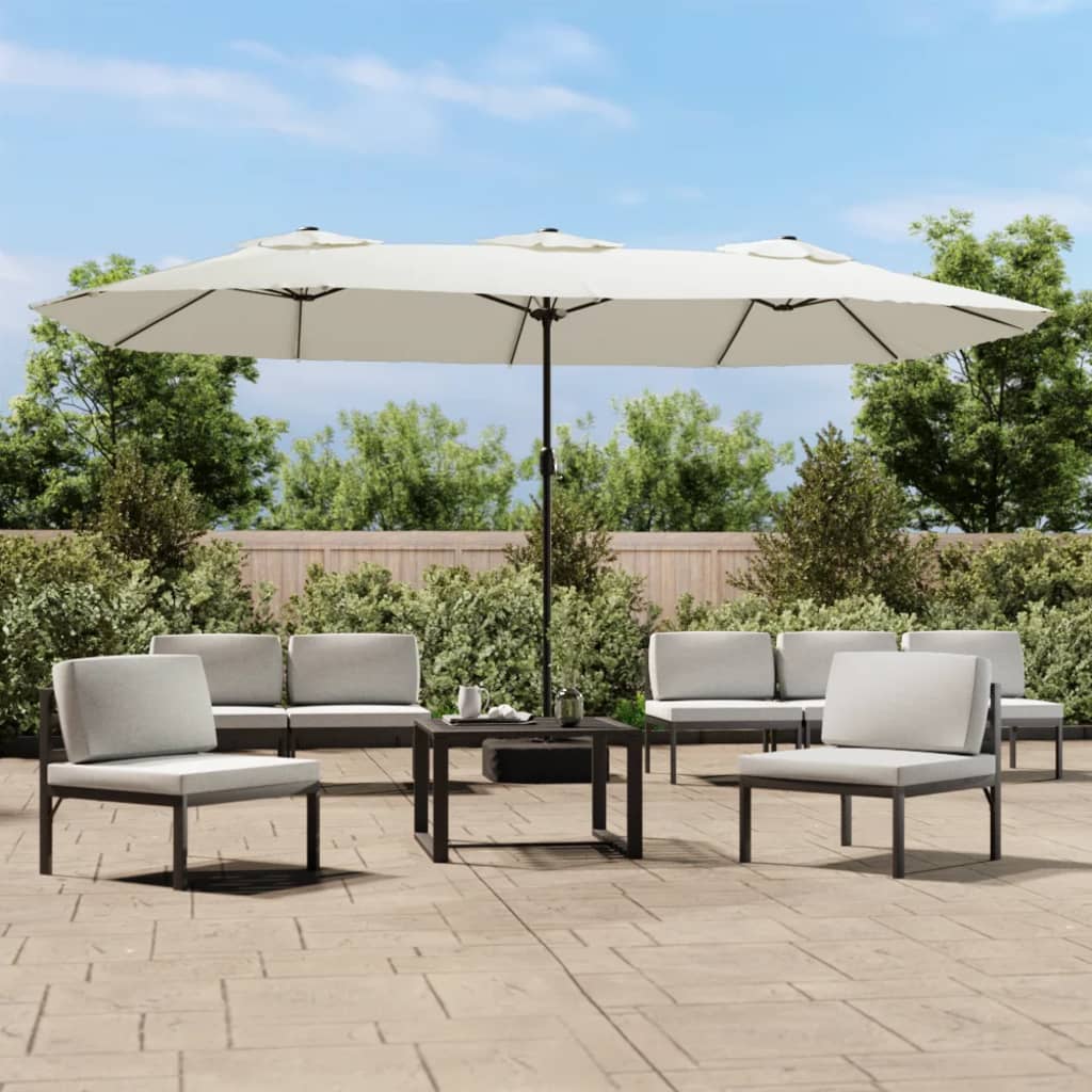 Guarda-sol de jardim c/ cabeça dupla/LED 449x265cm branco areia