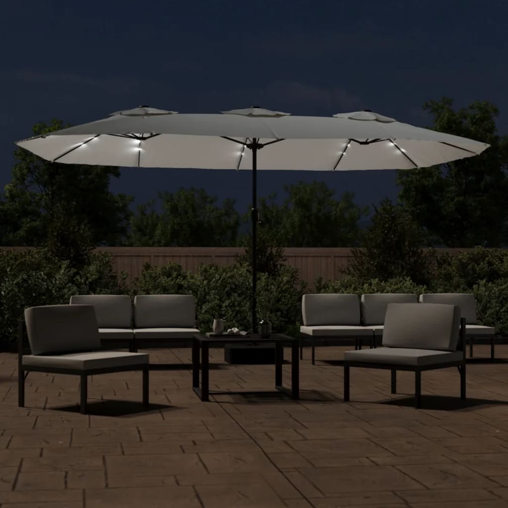 Guarda-sol de jardim c/ cabeça dupla/LED 449x265cm branco areia
