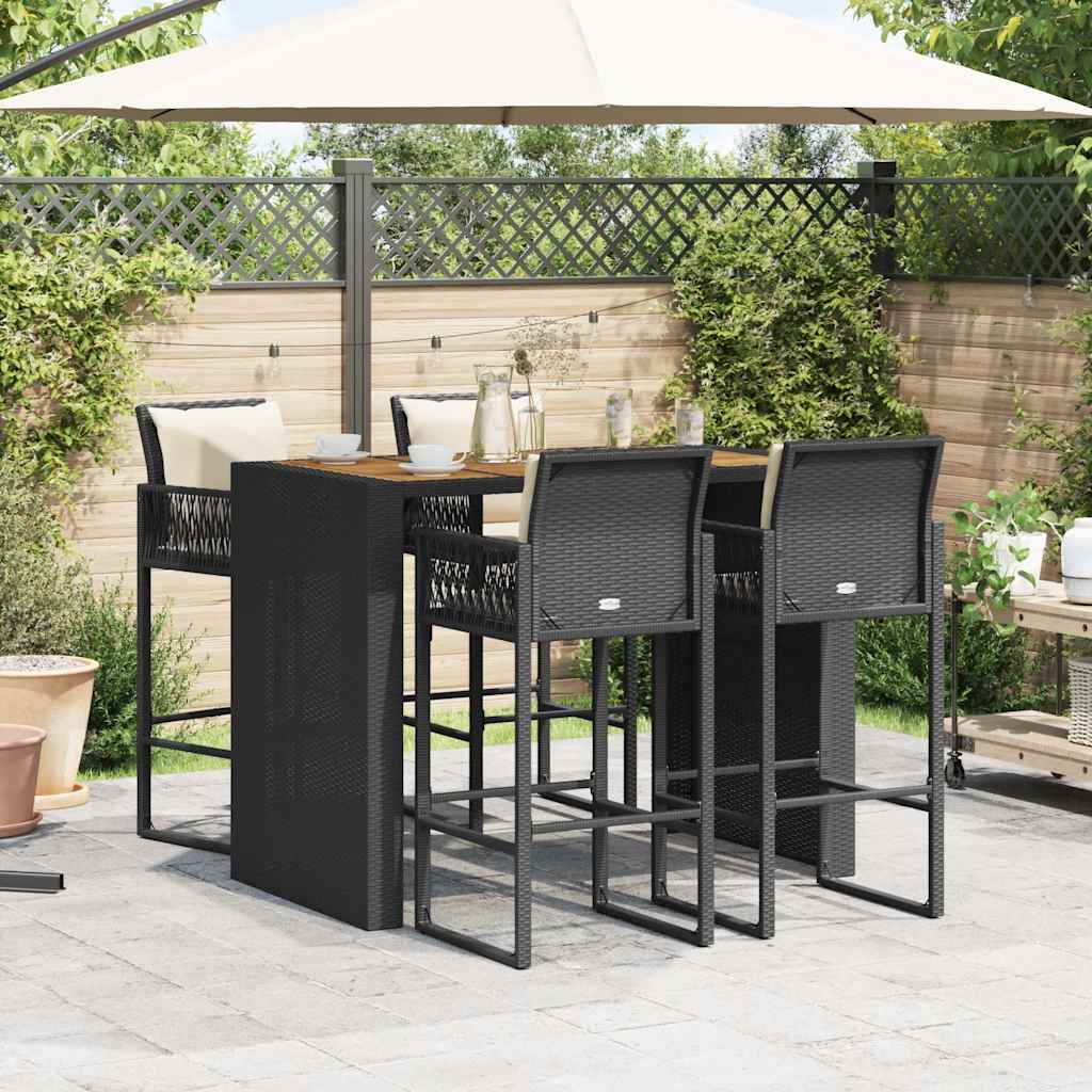 5 Pcs conjunto de bar jardim c/ almofadões vime PE/acácia preto