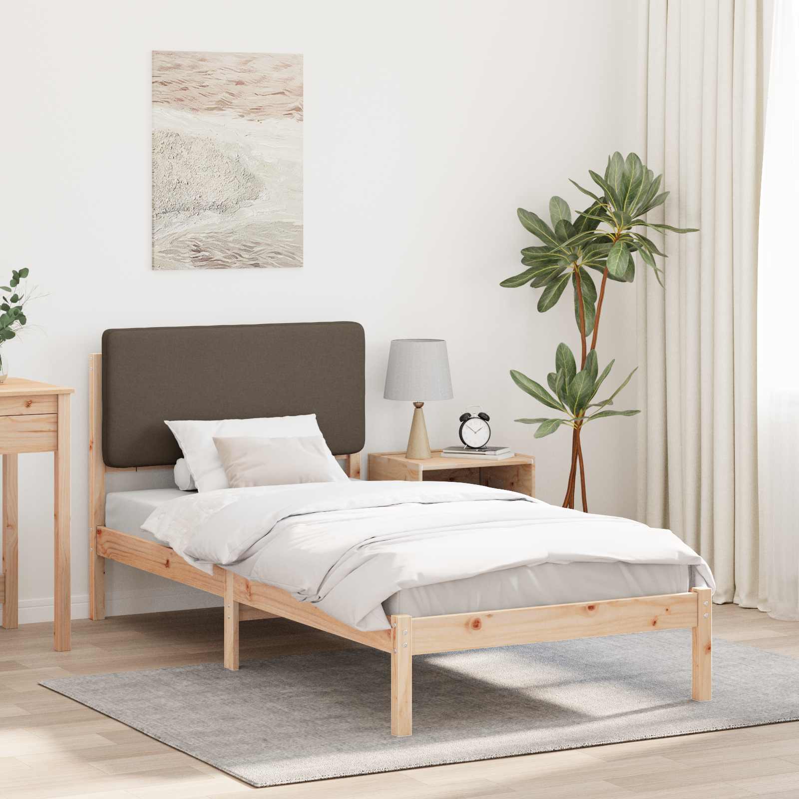 Estrutura de cama com cabeceira estofada cinzento-acastanhado