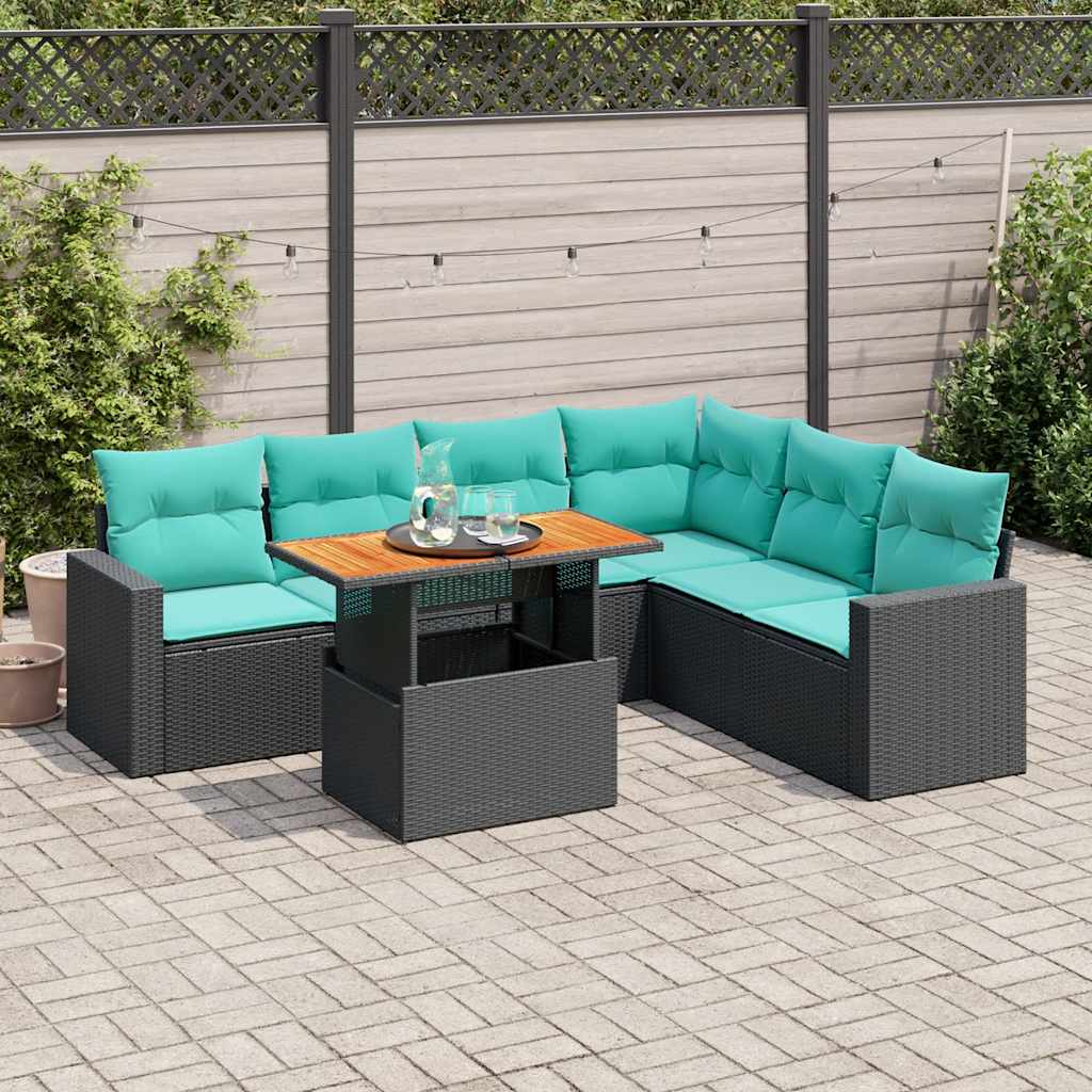 7 Pcs conjunto de sofás p/ jardim c/ almofadões vime PE preto