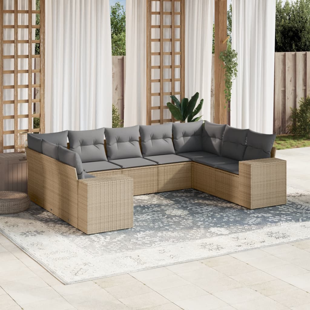 9 Pcs conjunto de sofás p/ jardim com almofadões vime PE bege