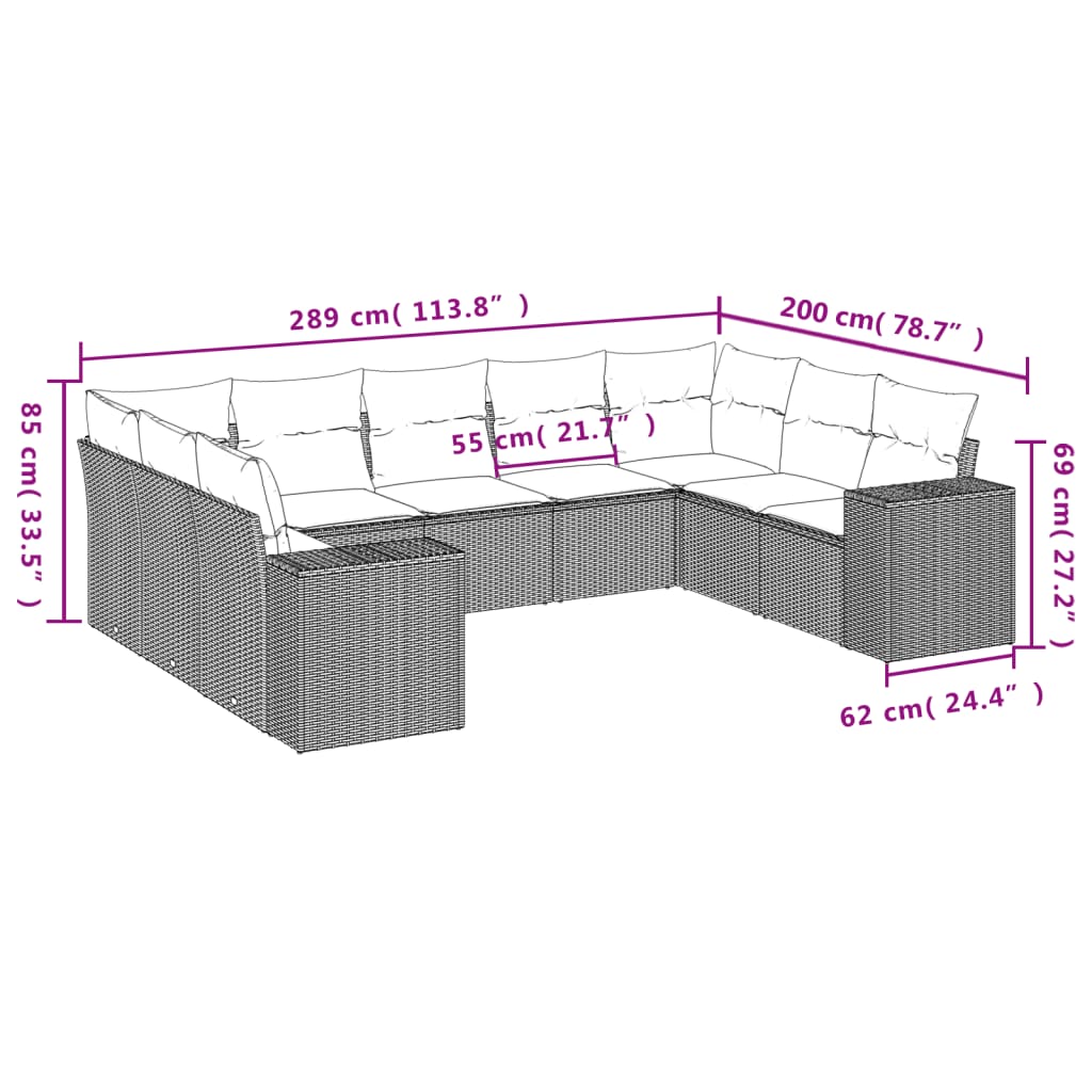 9 Pcs conjunto de sofás p/ jardim com almofadões vime PE bege
