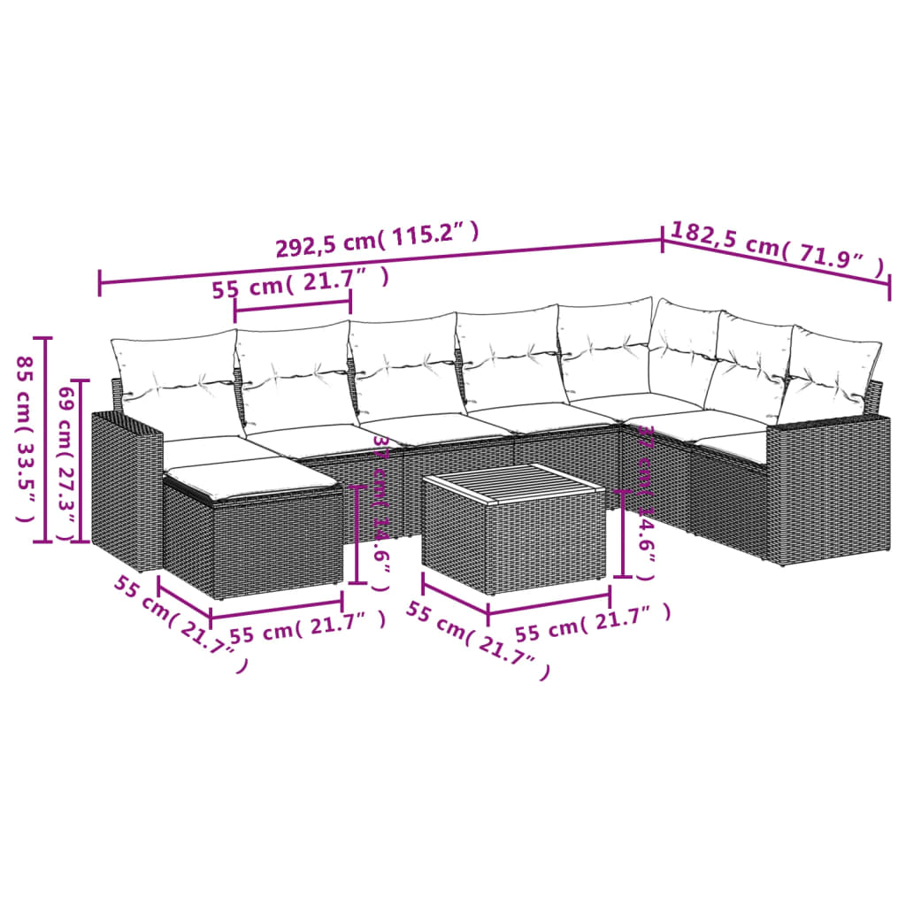 9 Pcs conjunto de sofás p/ jardim c/ almofadões vime PE preto