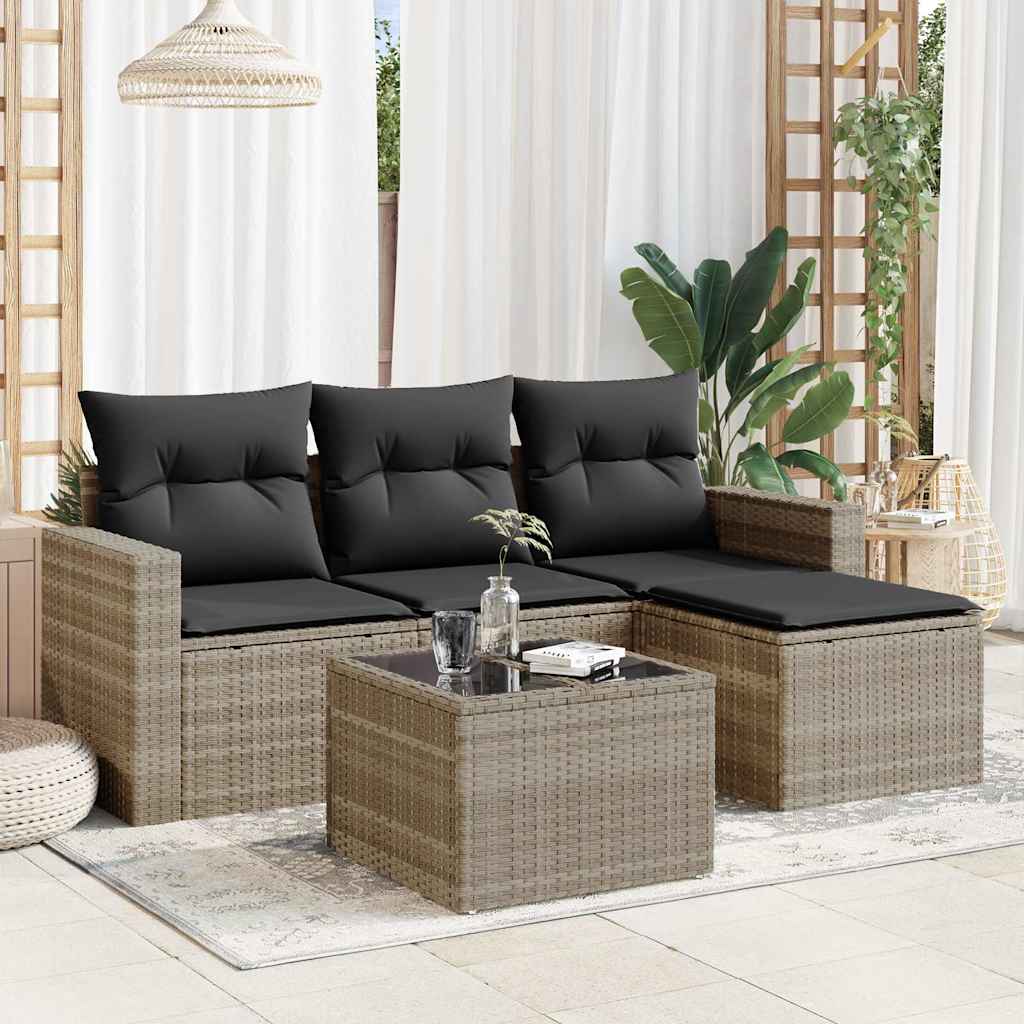 5 Pcs conj. sofás jardim c/ almofadões vime PE cinzento-claro