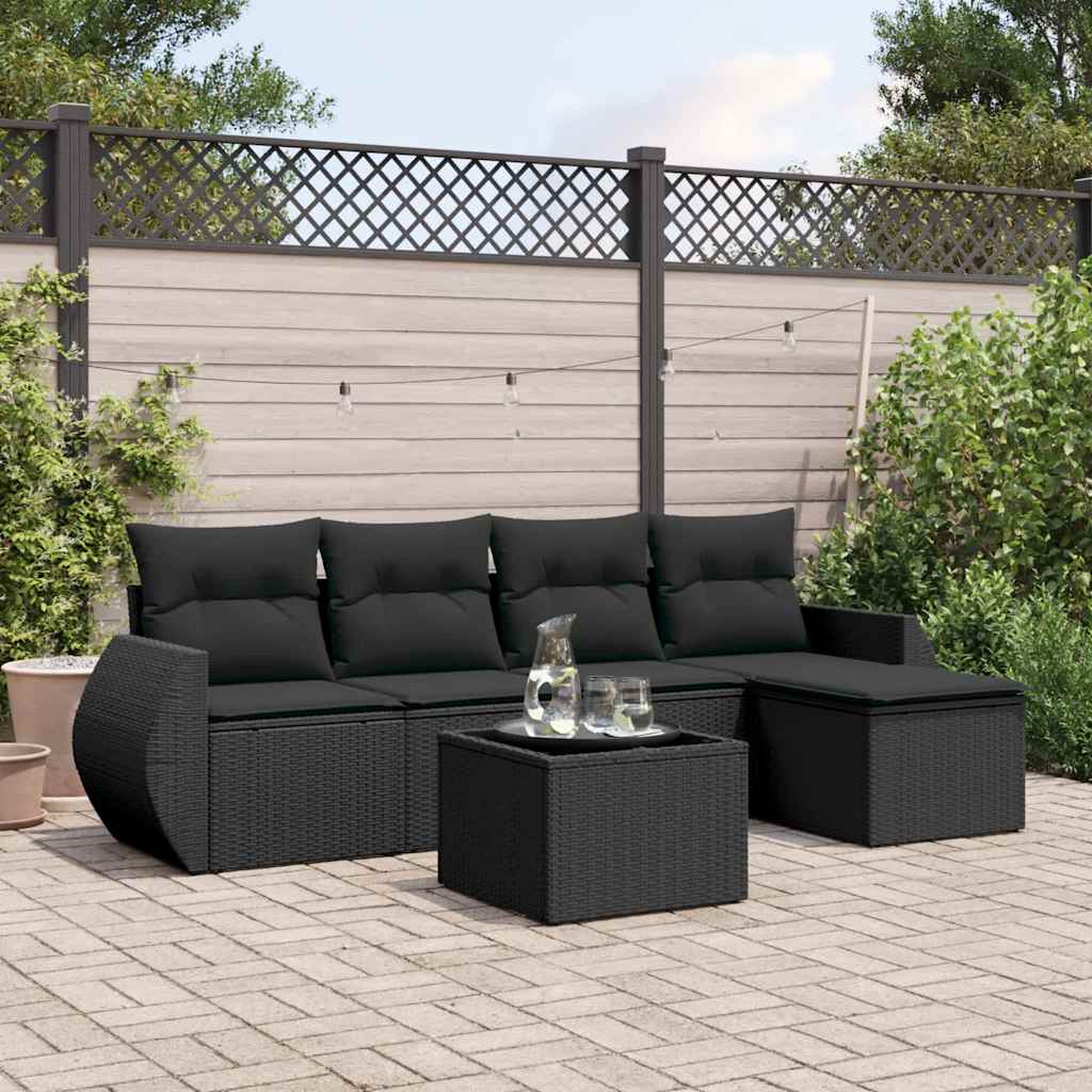 6 Pcs conjunto sofás de jardim c/ almofadões vime PE preto