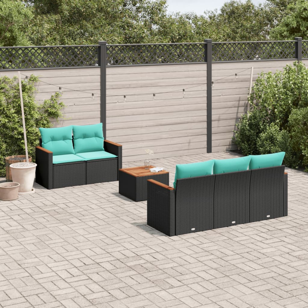Conjunto de sofá de jardim com 6 peças e almofadas em rattan sintético preto