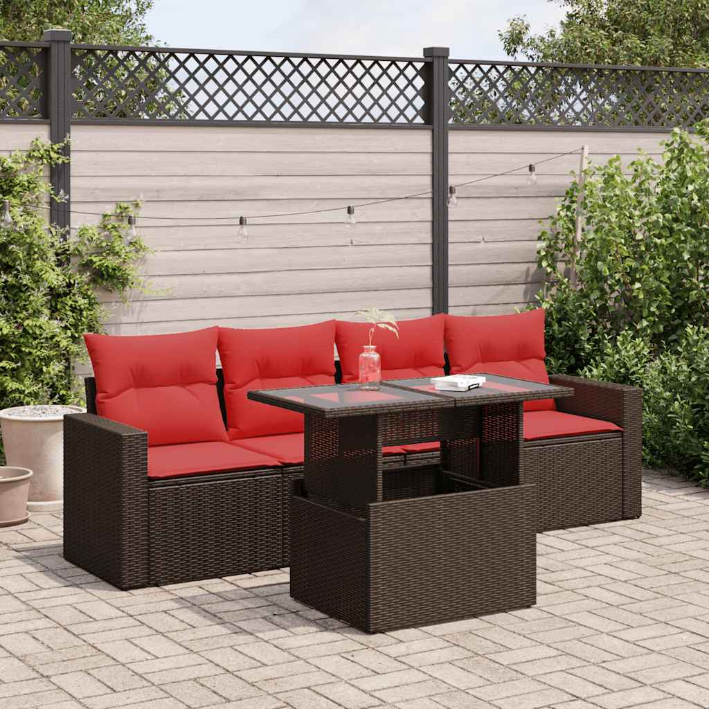 5 Pcs conj. sofás jardim c/ almofadões vime PE/acácia castanho