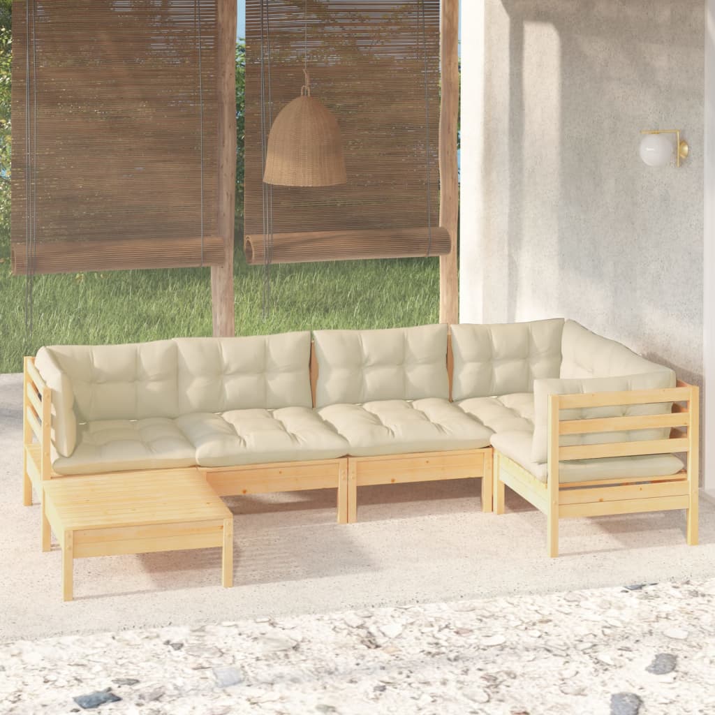 6 Pcs conjunto lounge jardim c/ almofadões creme pinho maciço