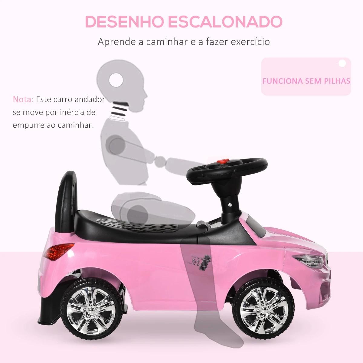 Carro Andador para Crianças de 18-36 Meses com Faróis Música Buzina Volante Compartimento de Armazenamento e Alça para Empurrar