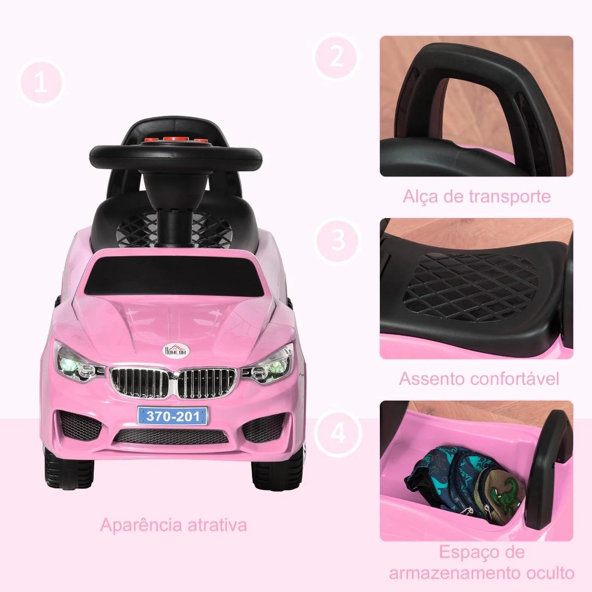 Carro Andador para Crianças de 18-36 Meses com Faróis Música Buzina Volante Compartimento de Armazenamento e Alça para Empurrar