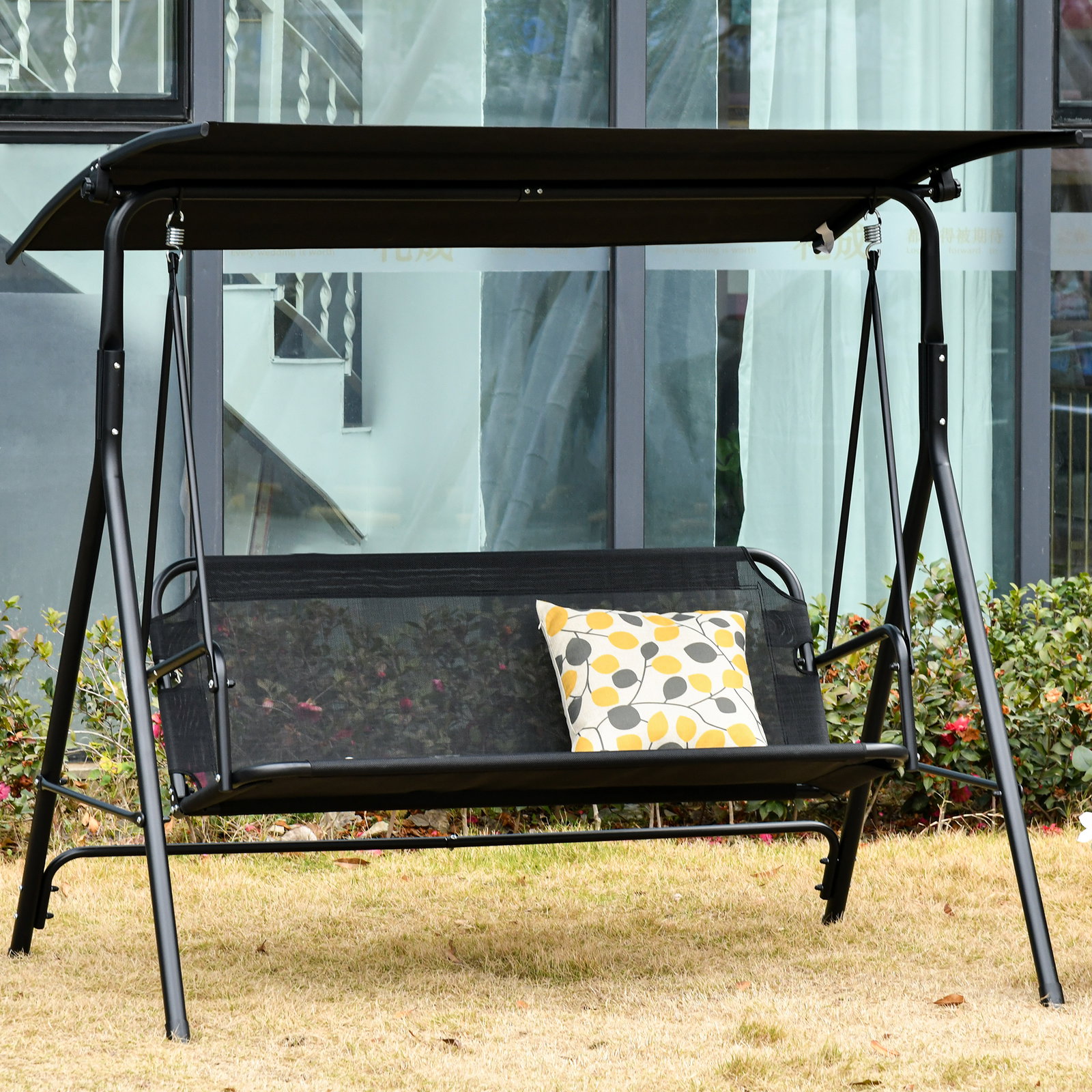 Baloiço de jardim de 2 lugares baloiço com teto ajustável em ângulo para terraço balcão carga máxima 200kg aço 172x110x155cm preto
