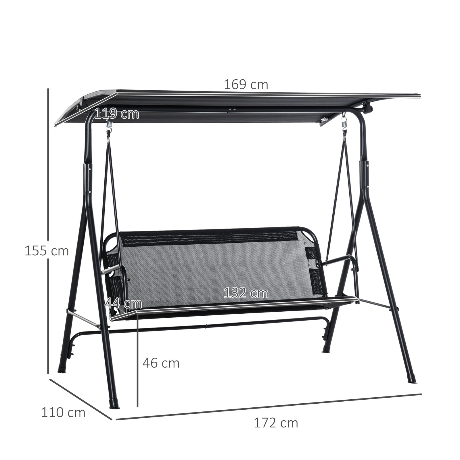 Baloiço de jardim de 2 lugares baloiço com teto ajustável em ângulo para terraço balcão carga máxima 200kg aço 172x110x155cm preto