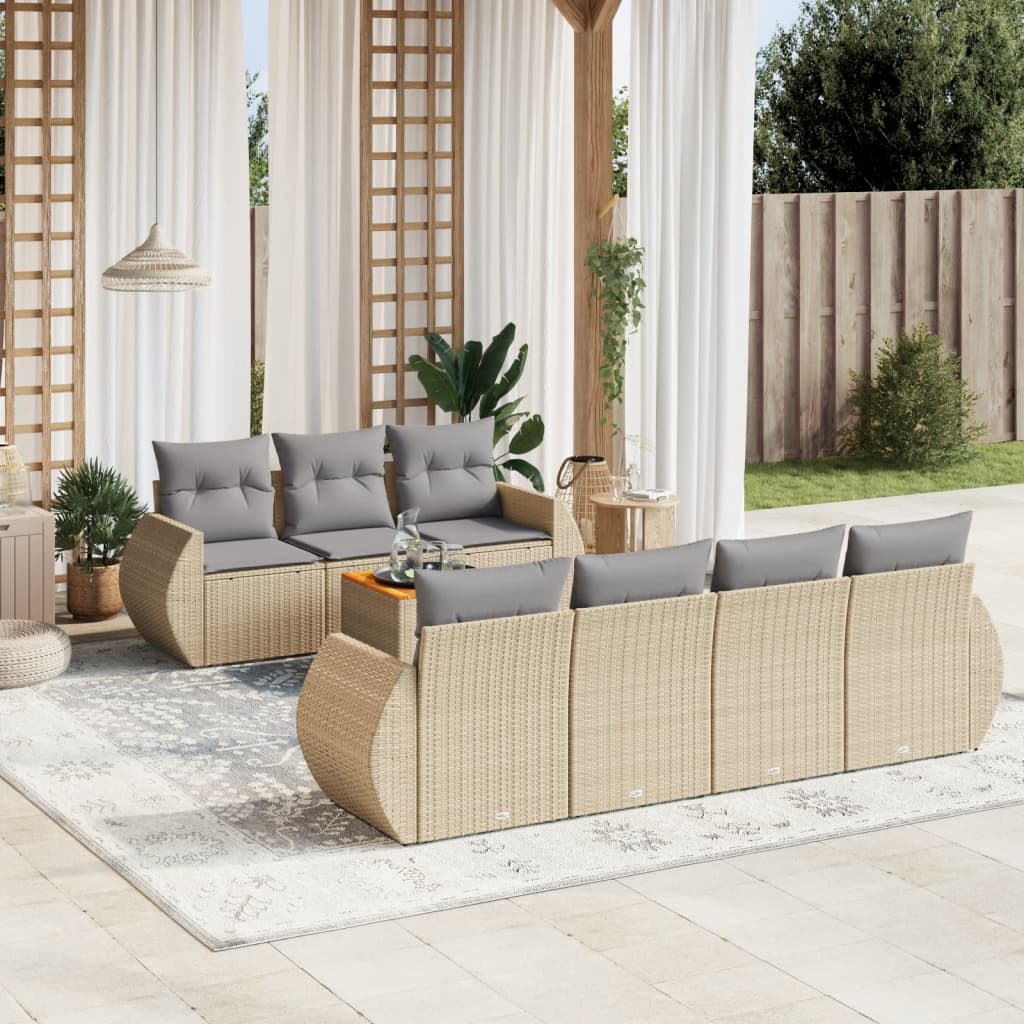 8 Pcs conjunto de sofás p/ jardim com almofadões vime PE bege