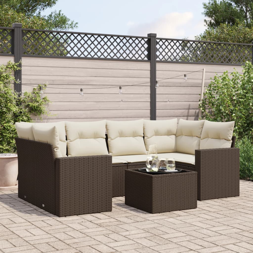 7 Pcs conjunto de sofás jardim c/ almofadões vime PE castanho