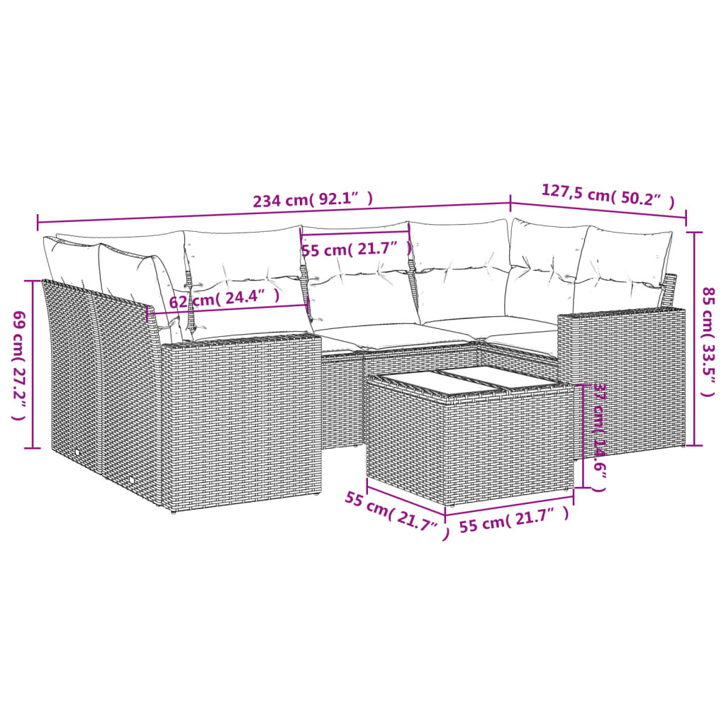 7 Pcs conjunto de sofás jardim c/ almofadões vime PE castanho