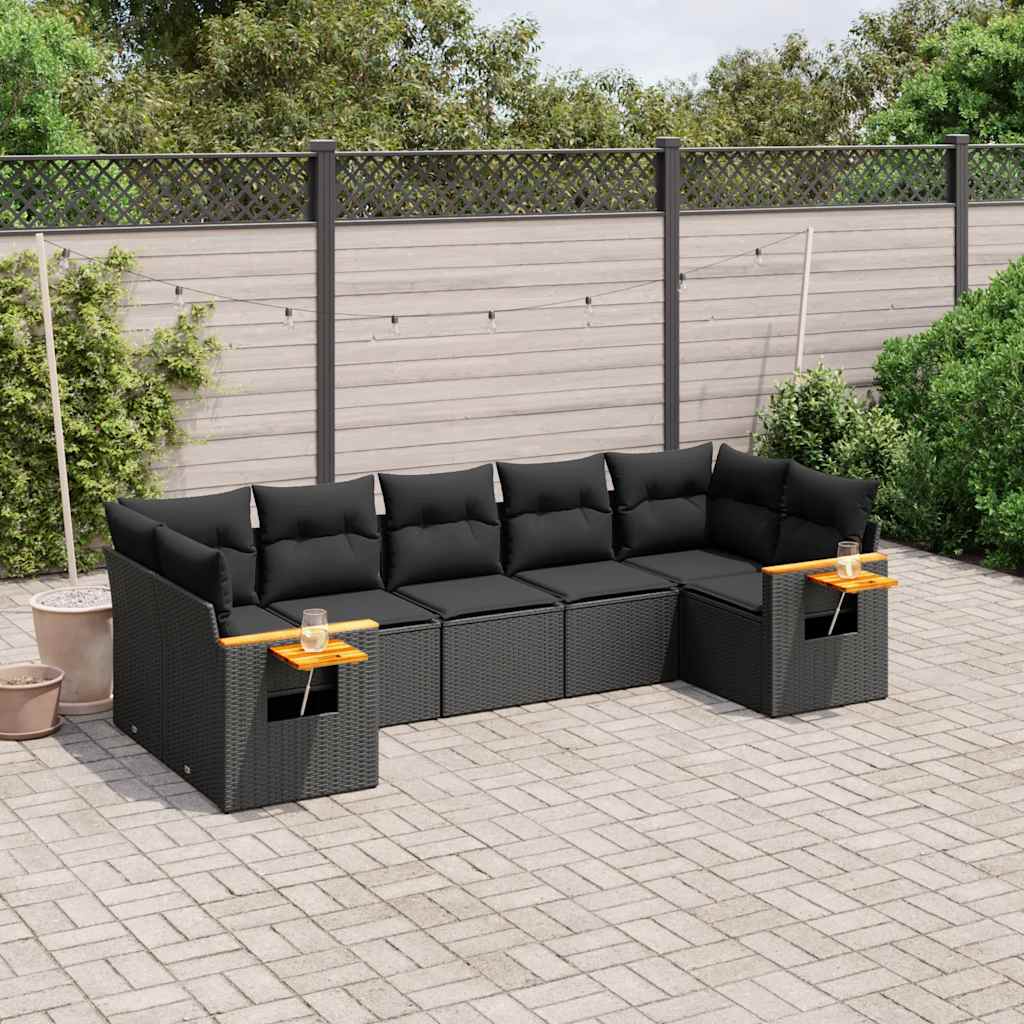 7 Pcs conjunto de sofás p/ jardim c/ almofadões vime PE preto