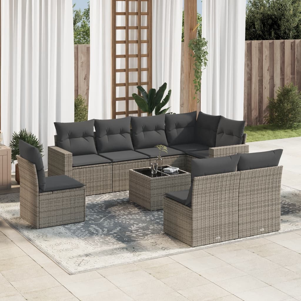 9 Pcs conjunto sofás p/ jardim com almofadões vime PE cinzento