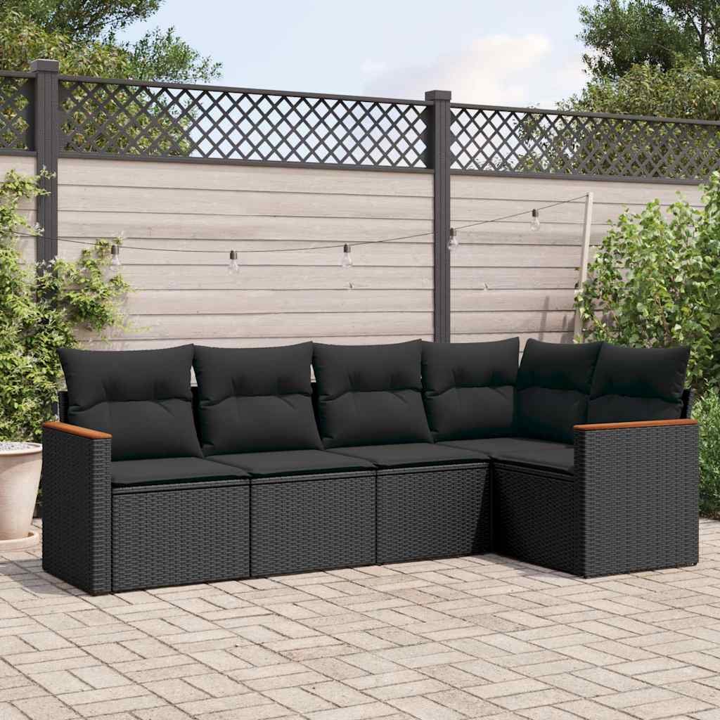 5 Pcs conjunto sofás de jardim com almofadões vime PE preto