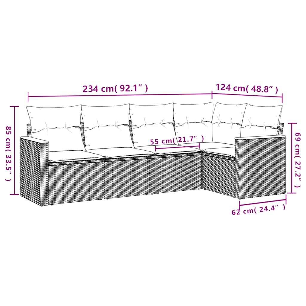 5 Pcs conjunto sofás de jardim com almofadões vime PE preto