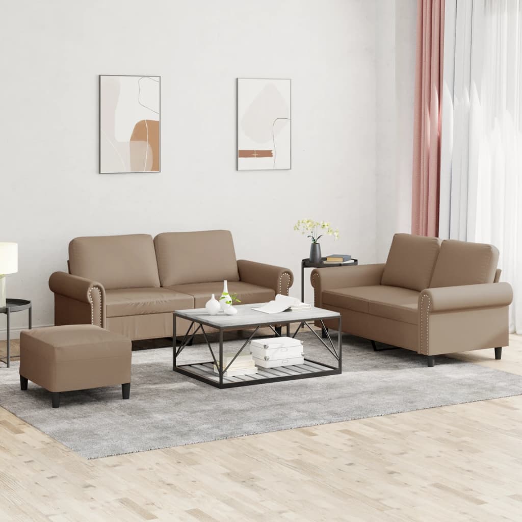 3 Pcs conjunto sofás c/ almofadões couro artificial cappuccino