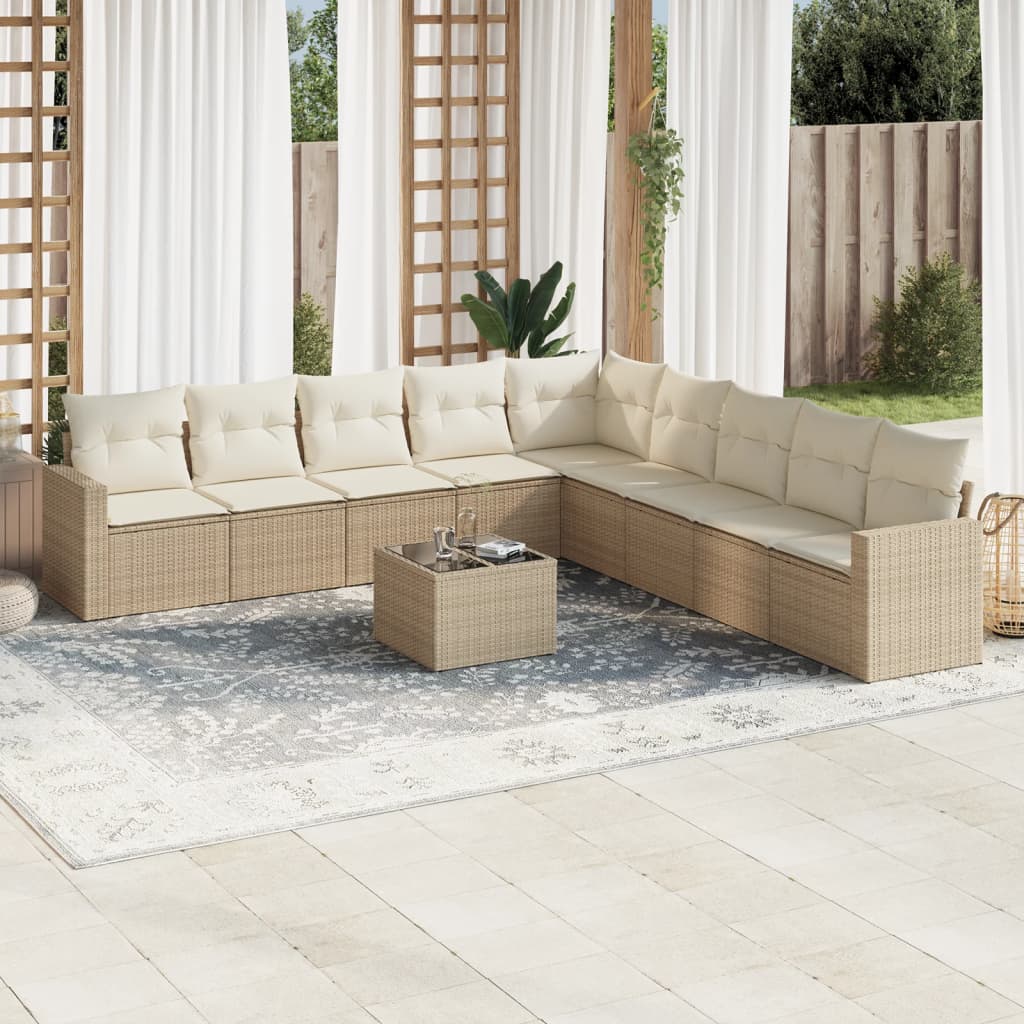 10 Pcs conjunto de sofás p/ jardim com almofadões vime PE bege