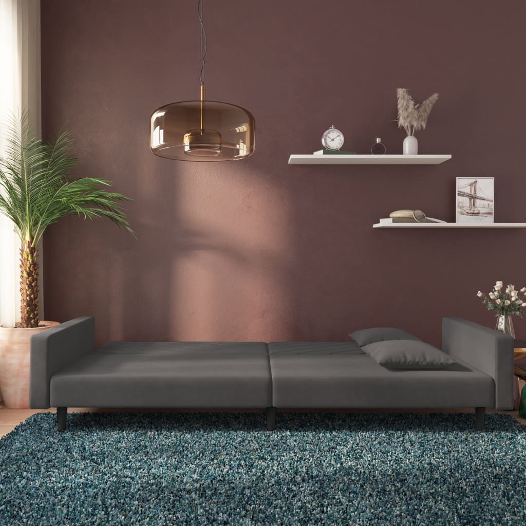 Sofá-cama 2 lugares com duas almofadas veludo cinzento-escuro