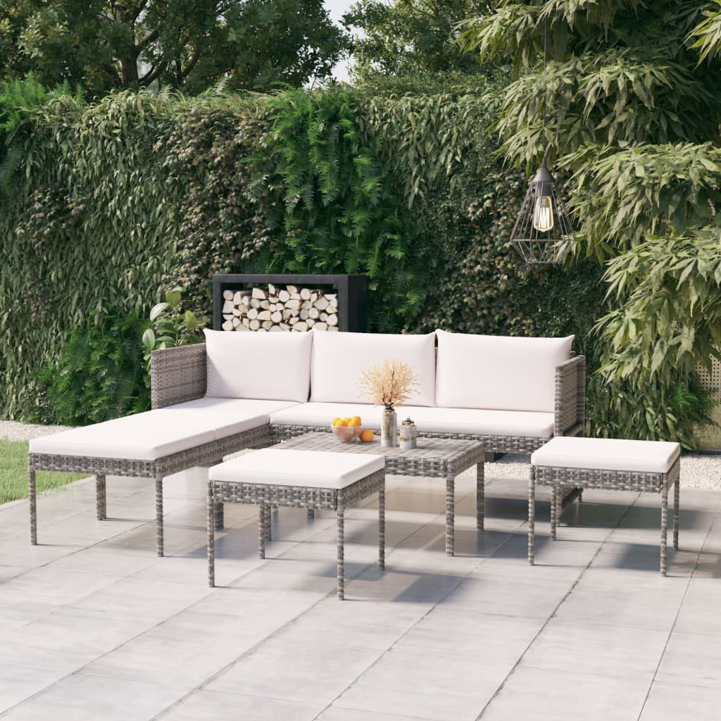 6 Pcs conjunto lounge de jardim c/ almofadões vime PE cinzento