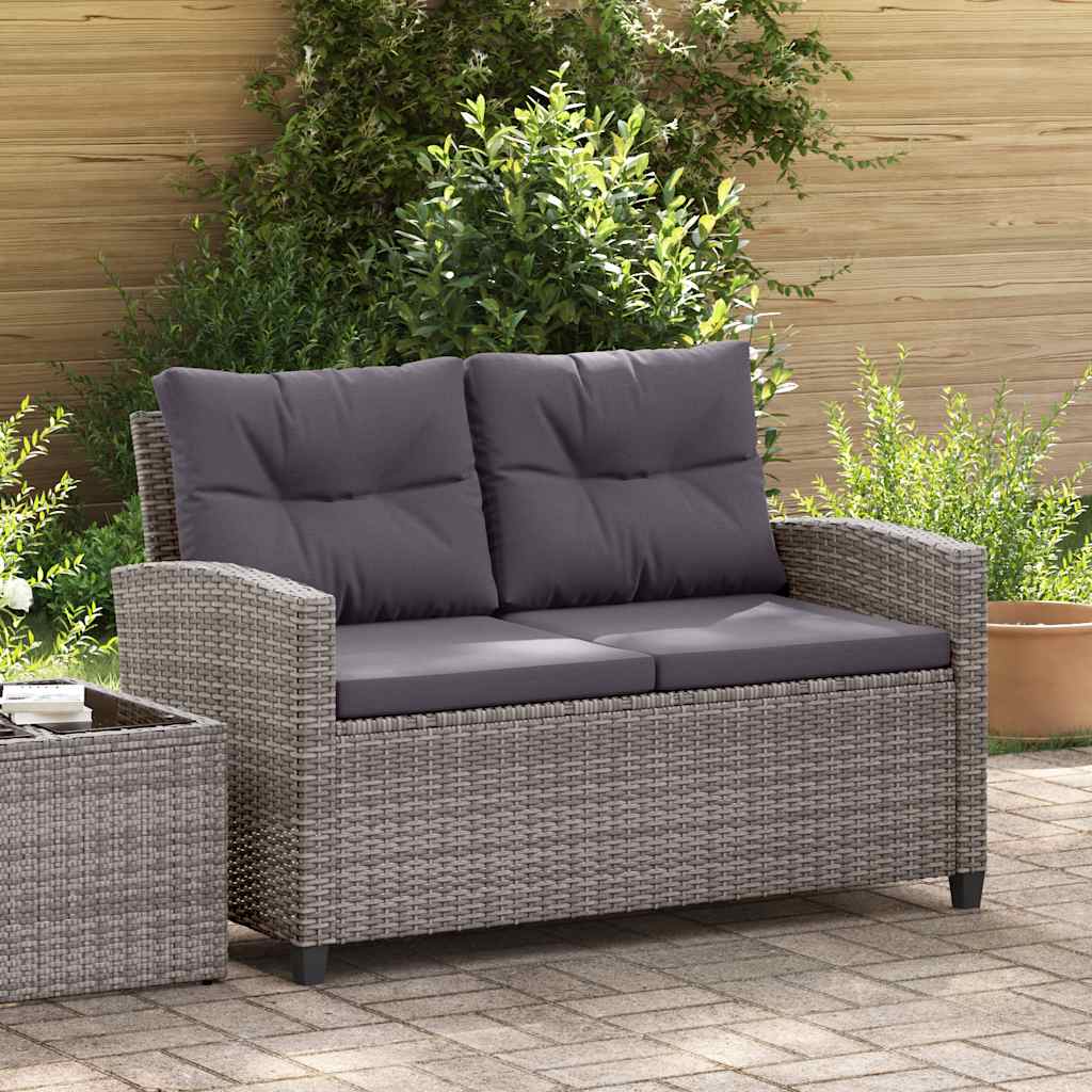 Sofá de jardim 2 lugares com almofadões 124 cm vime PE cinzento