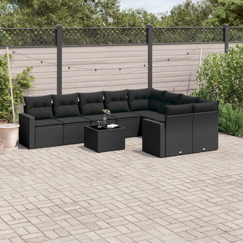 10 Pcs conjunto sofás de jardim c/ almofadões vime PE preto