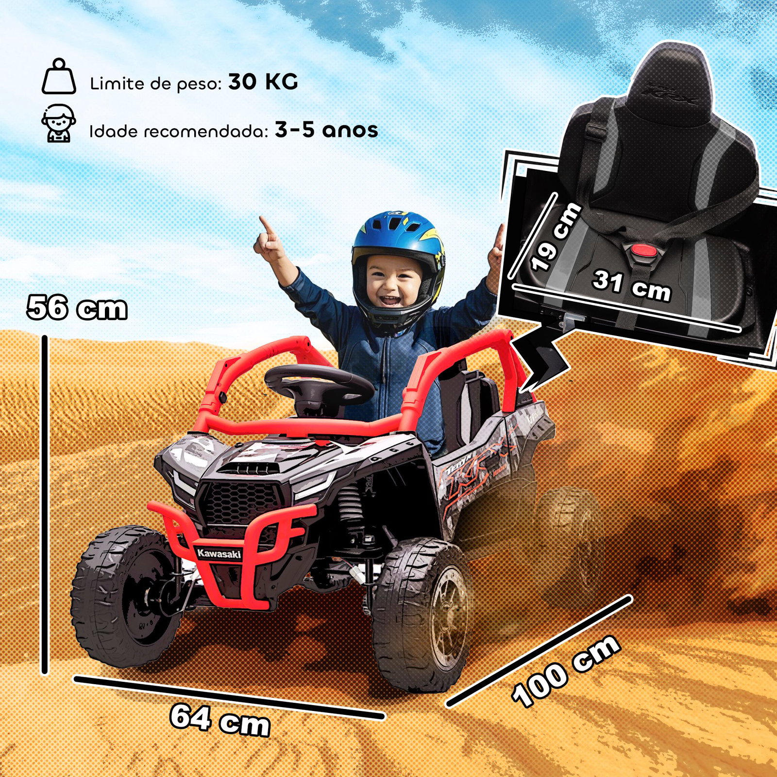Carro elétrico para crianças 12v kawasaki teryx krx 1000 com 2 motores faróis e USB 100x64x56 cm vermelho