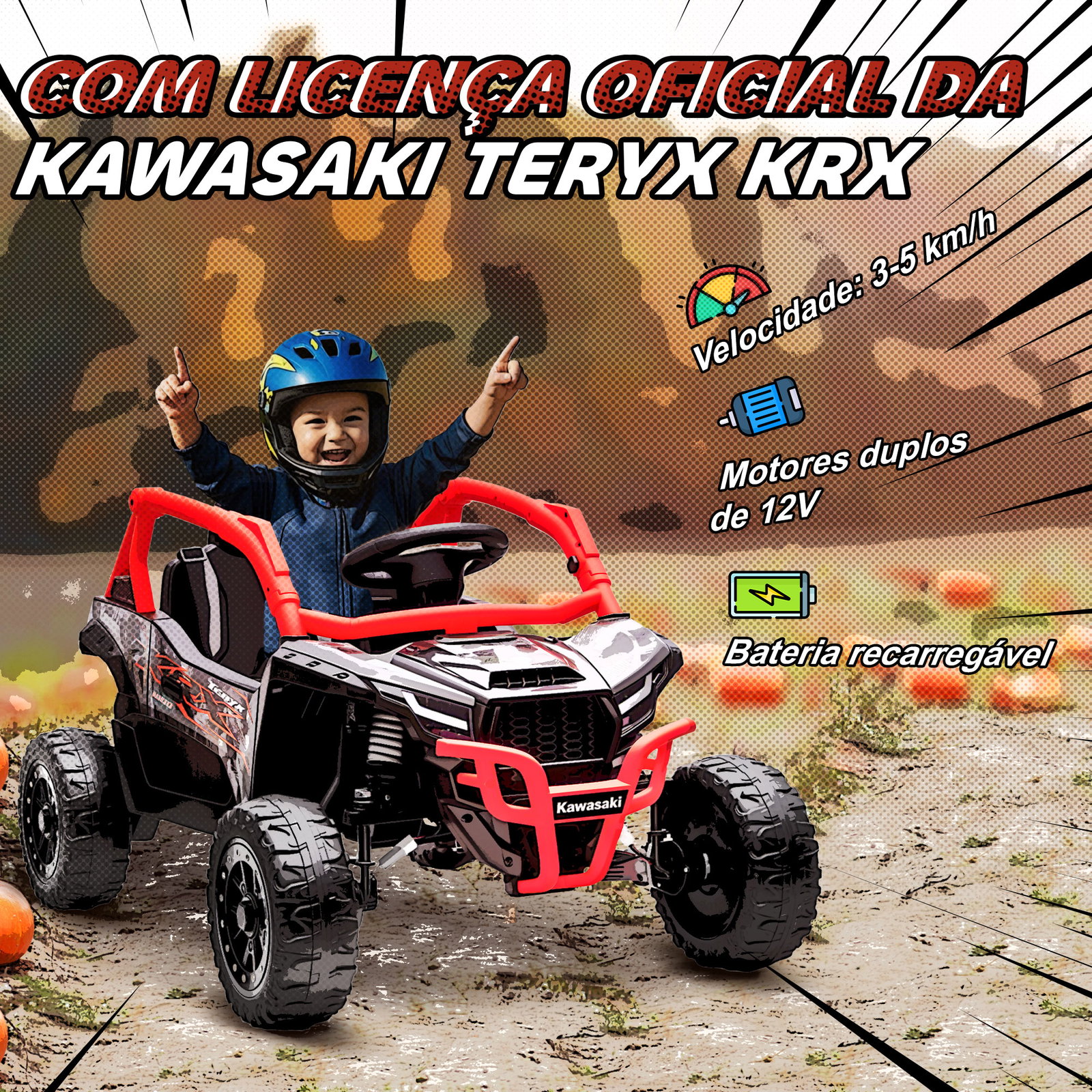 Carro elétrico para crianças 12v kawasaki teryx krx 1000 com 2 motores faróis e USB 100x64x56 cm vermelho