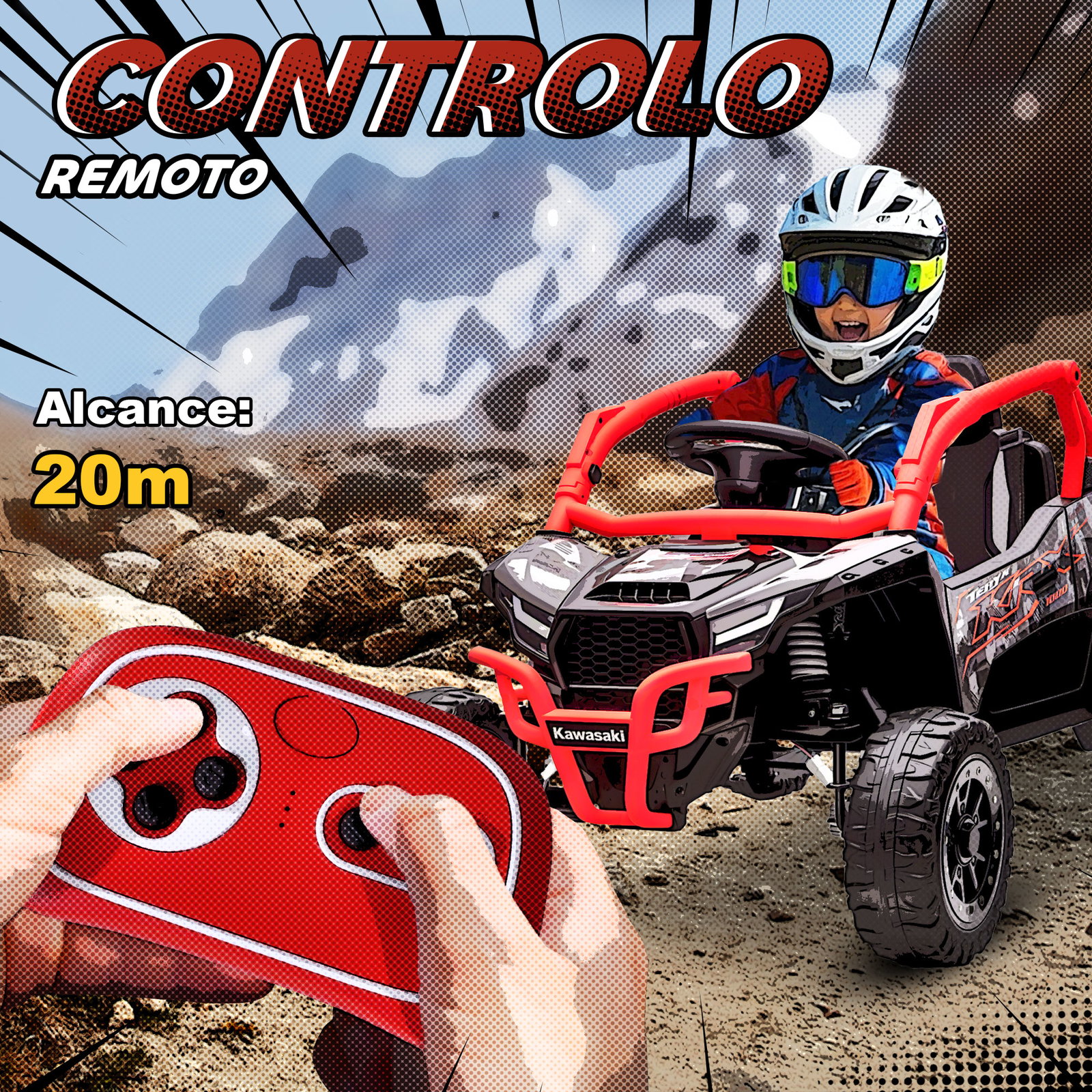 Carro elétrico para crianças 12v kawasaki teryx krx 1000 com 2 motores faróis e USB 100x64x56 cm vermelho