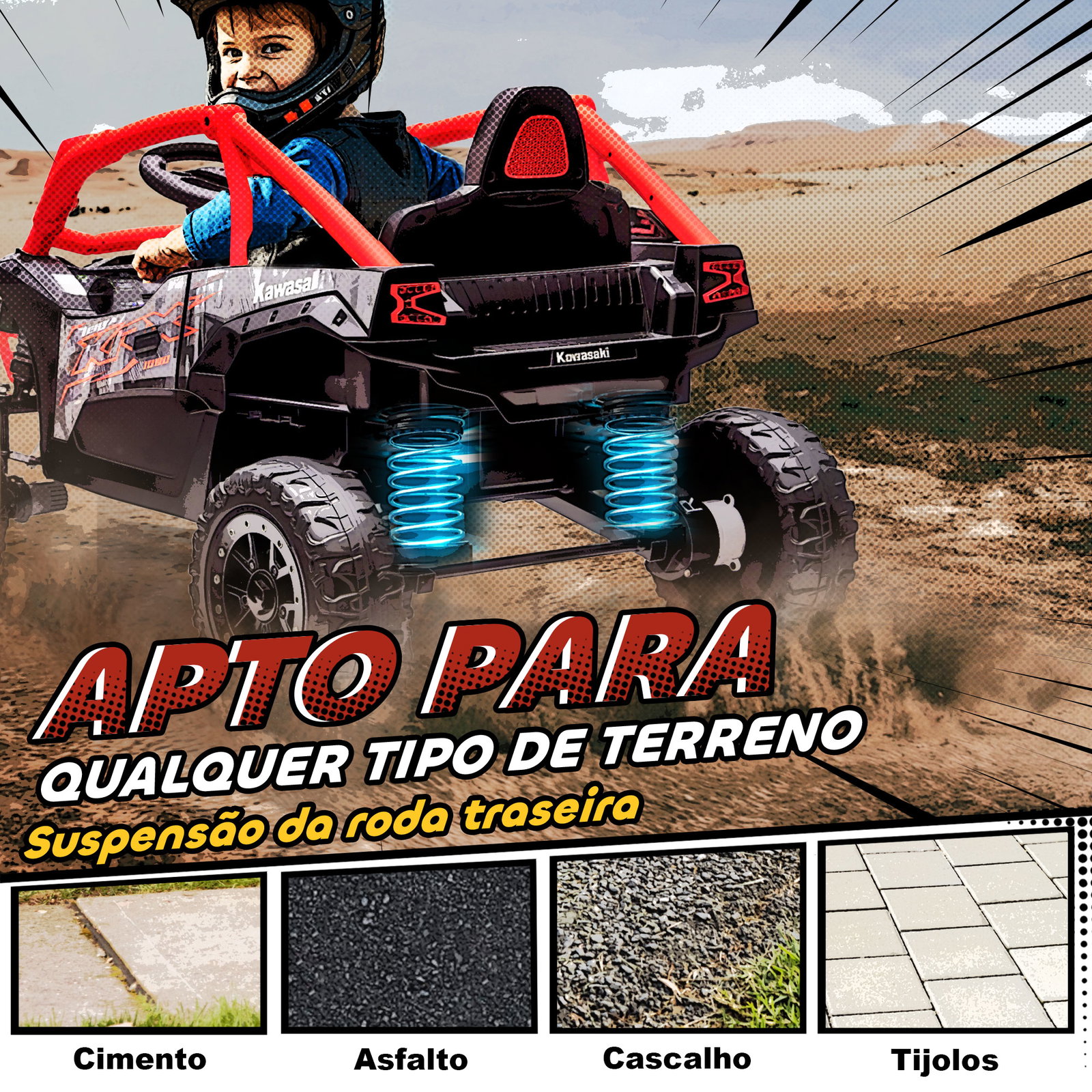 Carro elétrico para crianças 12v kawasaki teryx krx 1000 com 2 motores faróis e USB 100x64x56 cm vermelho