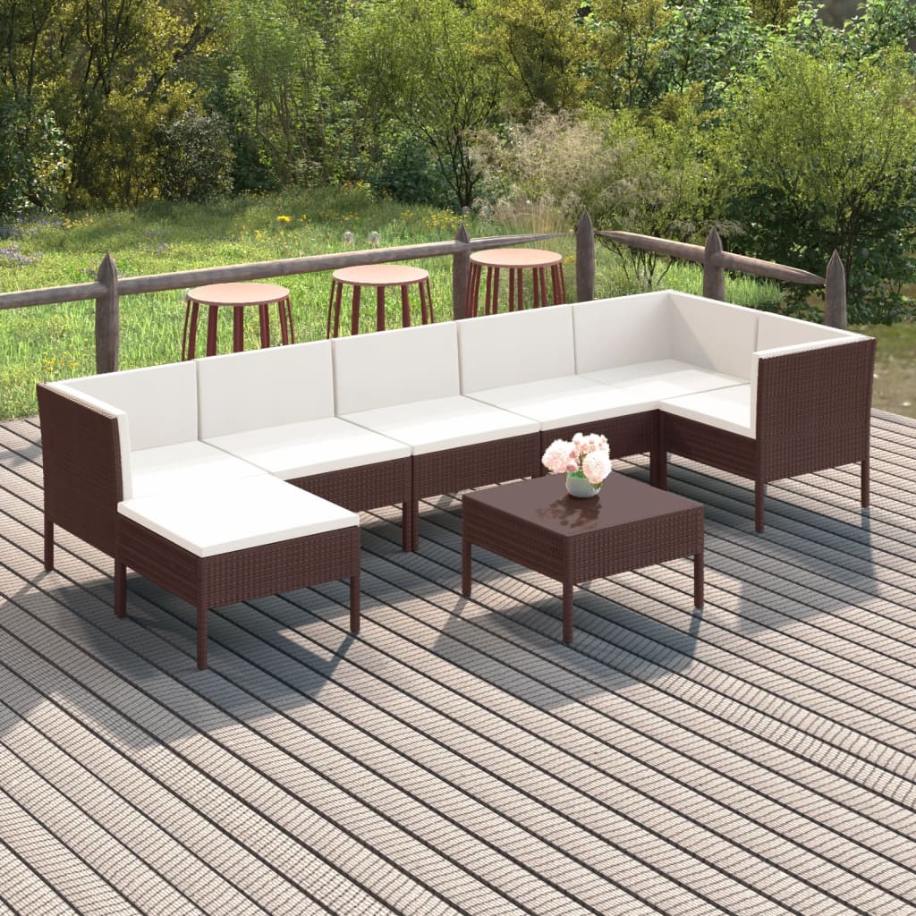 8 Pcs conjunto lounge jardim c/ almofadões vime PE castanho