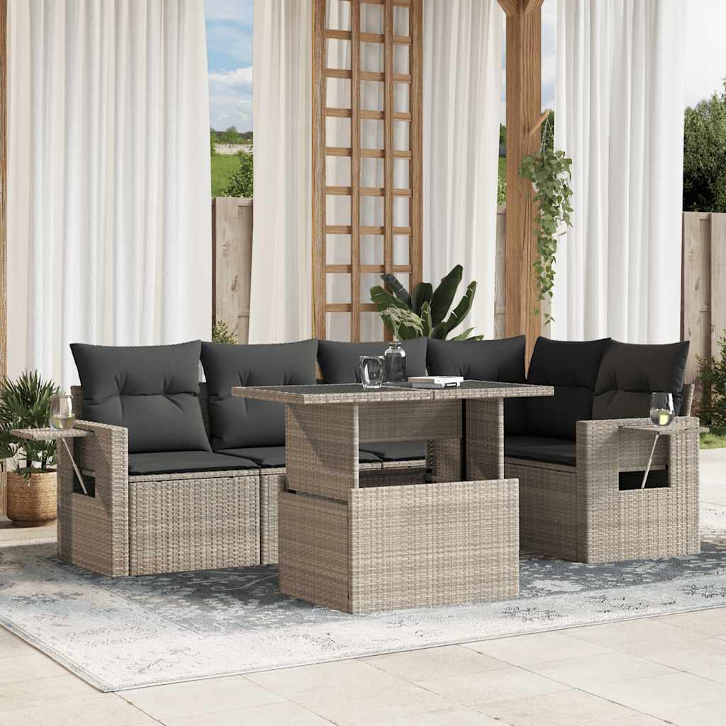 6 Pcs conj. sofás jardim com almofadões vime PE cinzento-claro