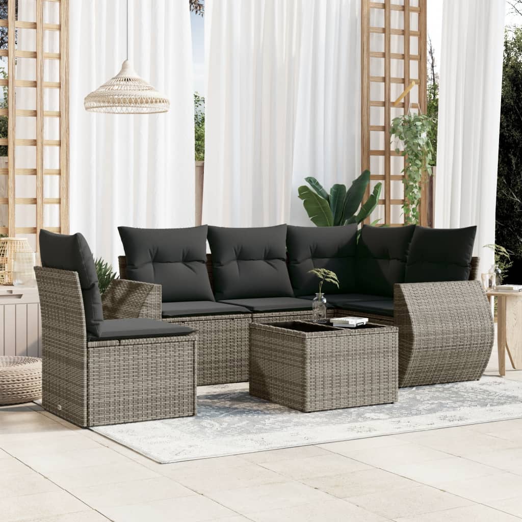 6 Pcs conjunto sofás de jardim com almofadões vime cinzento