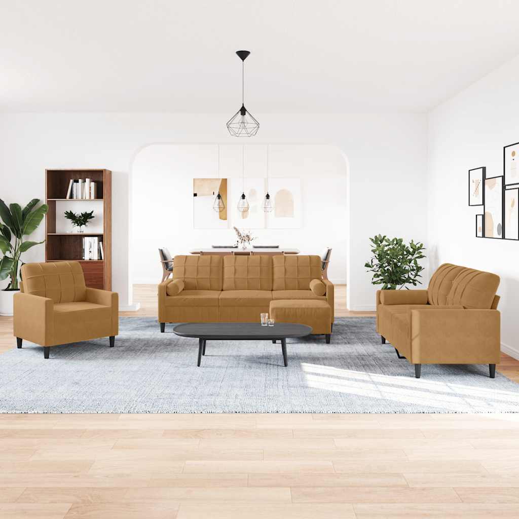 4 Pcs conjunto de sofás com almofadões e rolos veludo castanho