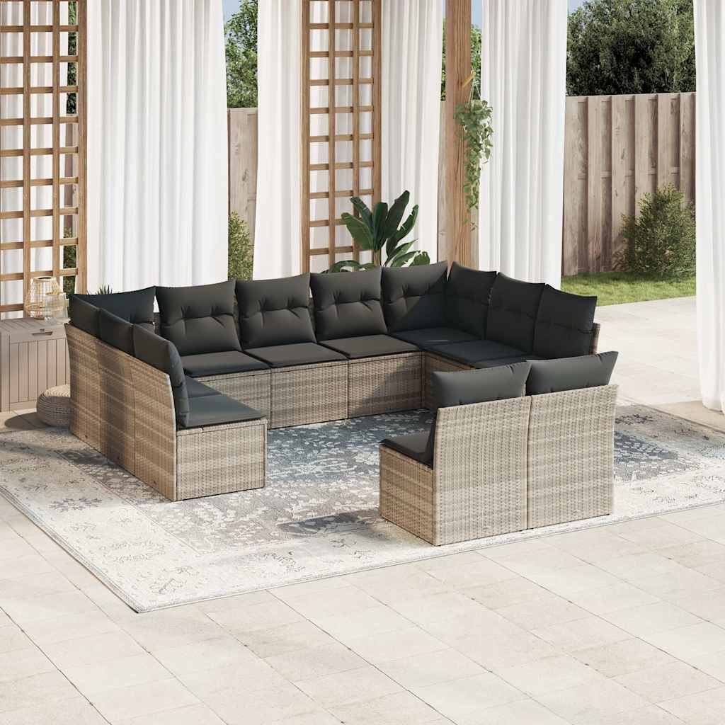 11 Pcs conjunto sofás de jardim c/ almofadões vime PE cinzento