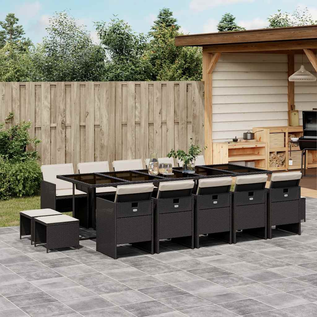 15 Pcs conjunto de jantar p/jardim com almofadões vime PE preto