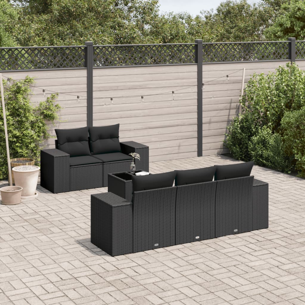 6 Pcs conjunto sofás de jardim c/ almofadões vime PE preto
