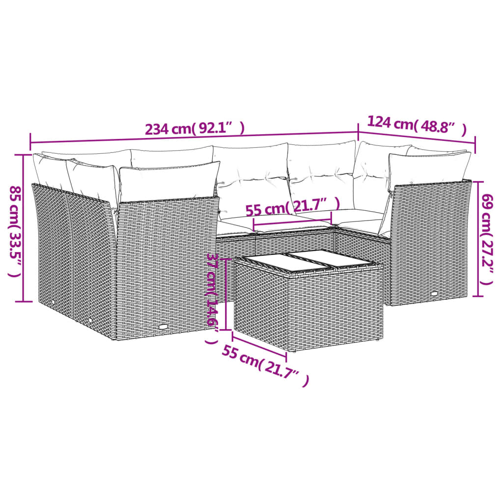 7 Pcs conjunto de sofás p/ jardim com almofadões vime PE bege